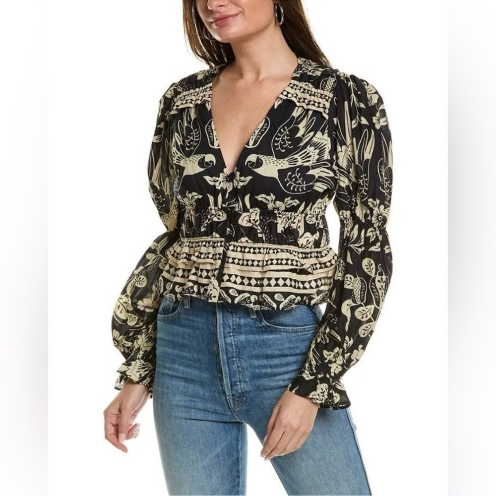FARM Rio Black and Cream Puff Sleeve Peplum Blouse